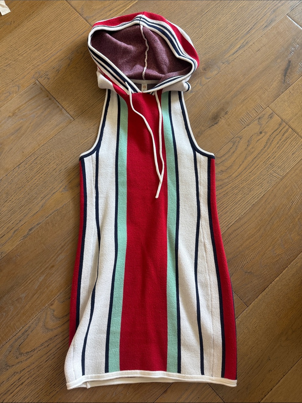 Anthropologie Daily Practice Striped Knit Hooded Tank Dress in Red, Navy & Mint